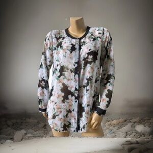 Liz Claiborne 2X Long Sleeve Crew Neck Button Up Sheer Floral Career Blouse Top